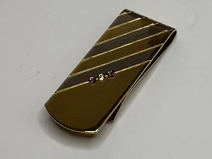 Vintage Money Clip Tie Bar Gold Tone Silver Lines 3 Gems Jeweled Design MCM - Picture 1 of 9