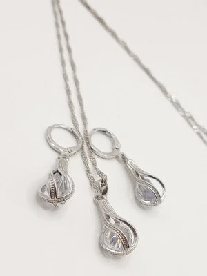 Parure Collana Orecchini Donna Argento 925 Goccia Stilizzata Zircone  - Immagine 1 di 4