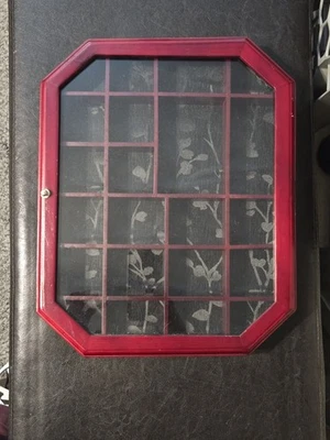 Vintage Wood & Glass Octagonal Curio Wall Mounted Miniatures Display Cabinet Red - Image 1 of 2