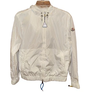 Moncler Mujer Blanco Con Capucha Logo-Parche Chaqueta de Lluvia Talla 1 Cortavientos Cremallera - Imagen 1 de 8