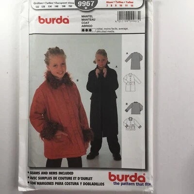 Burda 9967 Long Short Coat Jacket Pockets Collar Girl Child New Uncut Pattern - Image 1 of 4