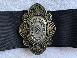 Corset Belt Stretch SZ Small Black Wide Elastic Ornate Medallion Bronze Silver - Picture 1 of 5