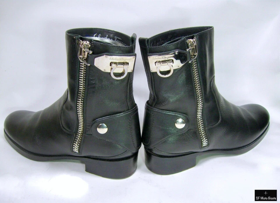 Botas de Moto Salvatore Ferragamo Femininas Couro de Bezerro Preto-Lado Zíper 6.5C Itália - Imagem 1 de 4