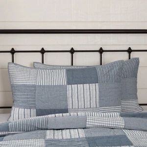 VHC Brands Farmhouse King Sham Blue Patchwork Sawyer Mill Chambray Bedroom Decor - Picture 1 of 6