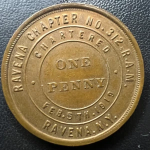 Freimaurer One Penny Medaille 1919 Ravena New York Kapitel 302 vz - Bild 1 von 2