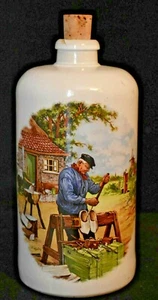 Pottery Crock Bottle with Cobbler Scene and Cork 7 1/8 inches tall - Picture 1 of 7