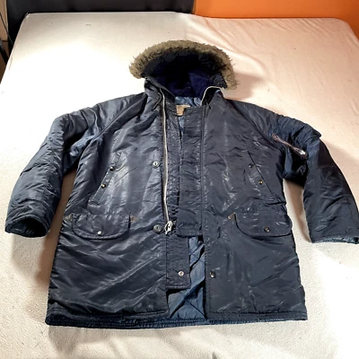 Vintage Arctic Snorkel Parka Jacket Mens 42 Blue Military Faux Fur Distressed - Image 1 of 4