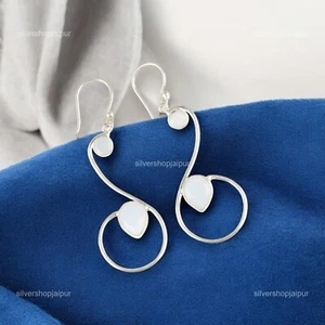 925 Sterling Silver Milky Opal Gemstone Mother Dangle Hook Boho Earrings Jewelry - Picture 1 of 6