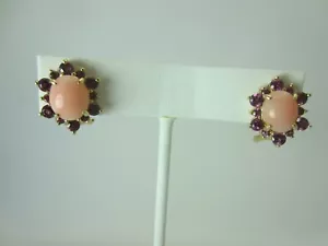 14k Yellow Gold Mediterranean Pink Coral and Amethyst Earrings - Picture 1 of 11