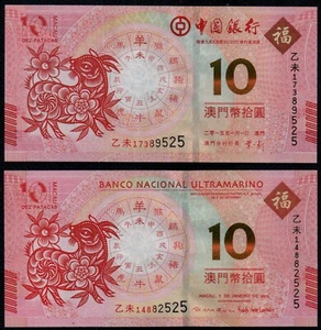 JUEGO DE 2 BILLETES MACAU 10 PATACAS (P NUEVO) 2015 CABRA BNU & BOC SIN CIRCULAR - Imagen 1 de 1