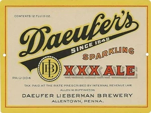 Daeufer's Sparkling XXX Ale Beer label Reproduction Metal Sign 9"x12" ALLENTOWN - Picture 1 of 3
