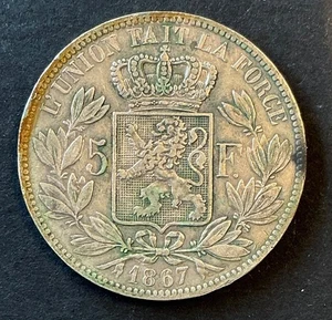 Belgium - Leopold II - Rare and Very Nice Coin 5 francs 1867 with Point (3) - Picture 1 of 2