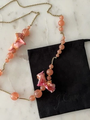 J.Crew Blush Pink Pearl & Mini Bows Chain Long Necklace W/Jewelry Bag - Image 1 of 4