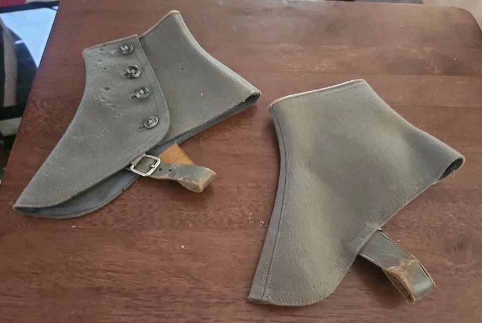 Vtg 1920s 30s 1 Pair Men Women Spats Gray Wool Leather Straps 4 Buttons Boot #2 - Image 1 of 4