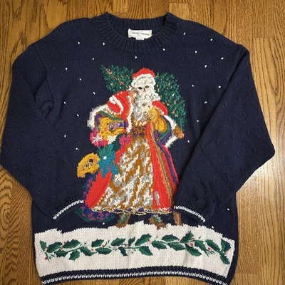Suéter Vintage Informal Esquina Navidad Santa Acebo Azul Grueso Tejido Para Mujer’s L Foto 1 de 4