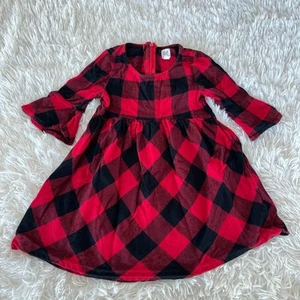 GAP Kids Buffalo Plaid Bell Sleeve Dress Red Black Little Girls Size XS 4-5 - Picture 1 of 7
