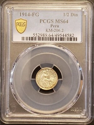 1914 FG Peru Half Dinero 1/2 Din Silver KM-206.2 PCGS MS64 4582 - Image 1 of 4