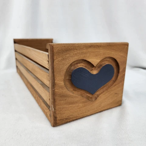 Vintage 80's Wood Slat Heart Container Basket 15"x 6"x5" Book Cassette Holder Cover