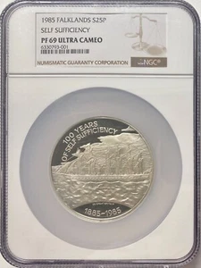 1985 Falkland Islands Silver £25 100 Years of Self Sufficiency NGC PF-69 UCAM - Picture 1 of 4