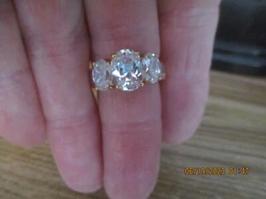 Cubic zirconia Three Stone Oval Engagement Ring 14k Yellow Gold Plated - Picture 1 of 9