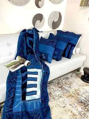 Bana Blue Handmade African Mudcloth Blanket Traditional Textile Bedsheet Linen - Image 1 of 4