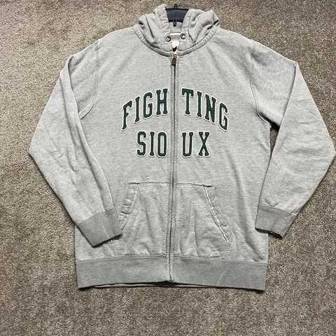 North Dakota Fighting Sioux Sweatshirt Mens Large Gray Full Zip Hoodie Sweater Cover