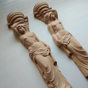 Pair Wood Carved Corbel Aphrodite Greek Sculpt Candle Holder Fireplace Balusters