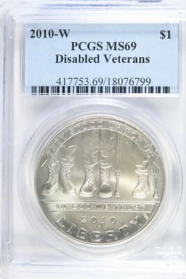 2010 W UNCIRCULATED $1.00 Silver Commemorative - Disabled Vets - PCGS MS 69 - Image 1 of 2