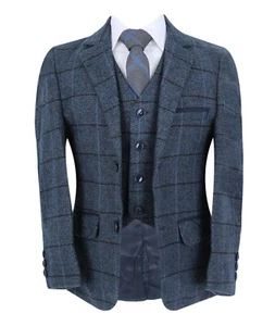 Boys Tailored Fit Herringbone Tweed, Check Formal, 3 Piece Suit Set in Blue - Picture 1 of 9