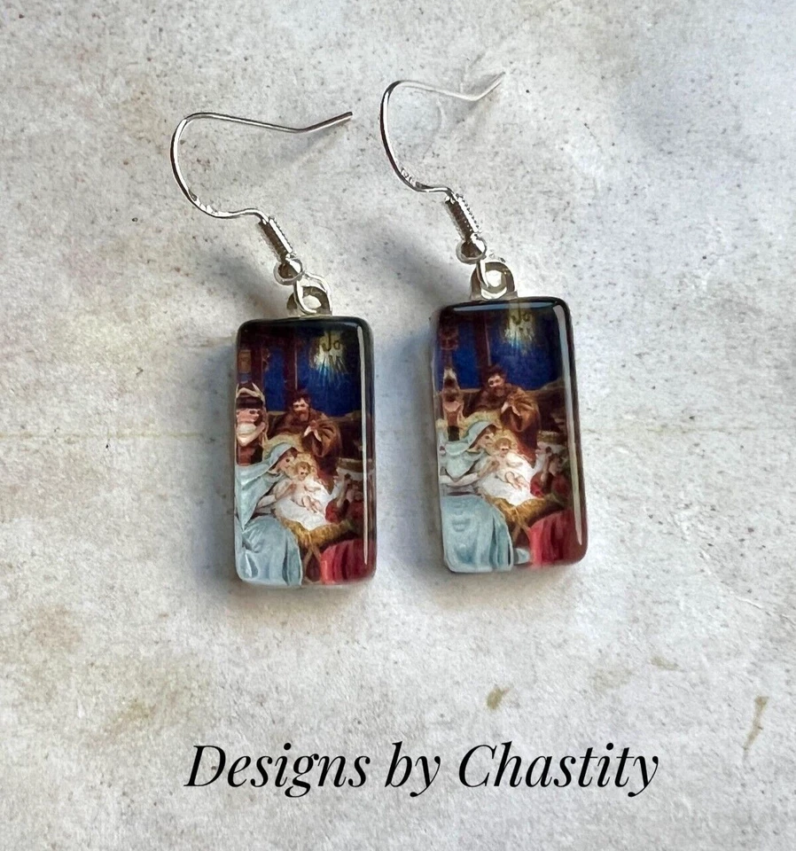 Nativity  Earrings VTG Mary Joseph Baby Jesus Altered Art Dangle - Изображение 1 из 1