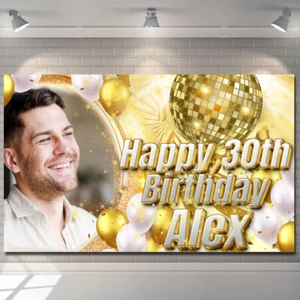 Póster personalizado de fiesta de baile de discoteca globo blanco dorado con telón de fondo de cumpleaños - Imagen 1 de 4