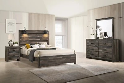 PRECIO REBAJADO Moderno Rústico Queen King Juego de Dormitorio Completo 4 Piezas Cama Marrón Nogal/D/M/N Foto 1 de 3