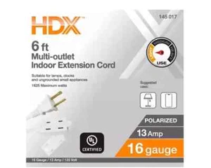6 Ft. 16/2 Light Duty Indoor Multi-Outlet Extension Cord White - Picture 1 of 7