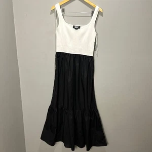 DKNY Stufen Maxikleid Damen Large schwarz weiß einfarbig erhöhte Basics Neu mit Etikett - Bild 1 von 6