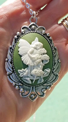 Vintage Flower Fairy Large Jasperware Green Cameo  Silver Pendant Necklace - Image 1 of 4