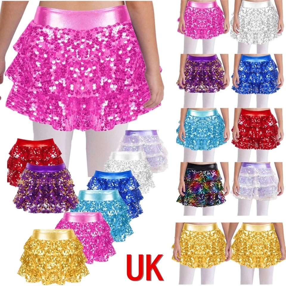 UK Girls Sparkle Dance Skirt Shiny Tiered Ruffle Mini Skorts Jazz Hip Hop Skirt - Image 1 of 4