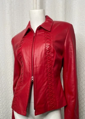 MICHAEL HOBAN Jacket Size 8 Red Leather with Dual Zipper & Lattice Accents - Image 1 of 4