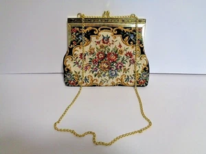 Vintage Tapestry Bag with Floral Design Black and Cream Background Gold Chain - Picture 1 of 5