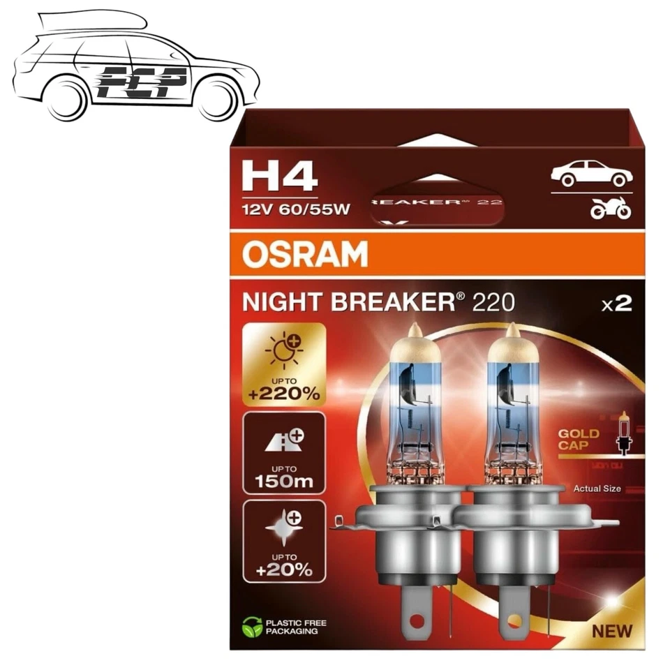 2x OSRAM H4 NIGHT BREAKER 220 ( 220 ) Headlight Bulbs (472) 64193NB220-2HB