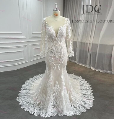 2025 Precioso Vestido de Novia de Encaje Vestido de Novia Hecho a Medida Mangas de Tren Festoneadas Foto 1 de 4