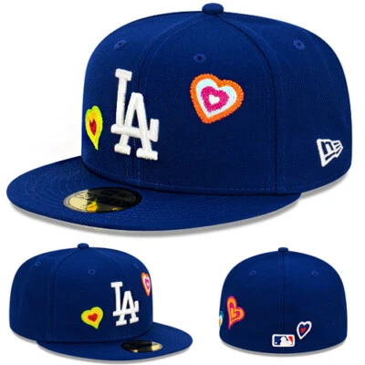 New Era L.A Dodgers Blue Fitted Hat MLB Chain Hearts Stitch Pink Under Visor Cap - Image 1 of 4