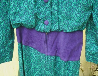 VESTIDO BLUSA MUJER VINTAGE AÑOS 80 ST GILLIAN S M SEDA DRAPEADO VERDE COLOR BLOQUE MORADO Foto 1 de 4