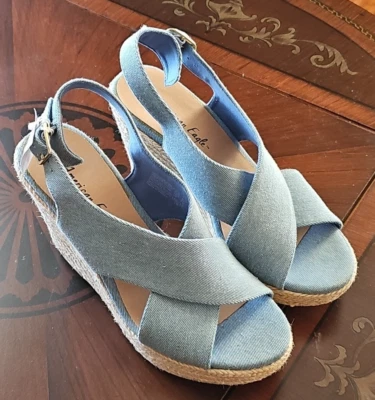 American Eagle Blue Denim Jute Wedge Heel Shoes Open Toe Womens Wedges Size 9 - Image 1 of 4