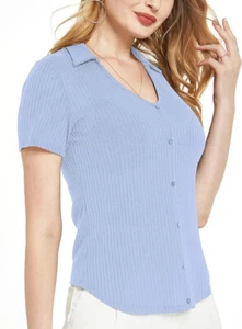 Blusa Top Camisa Ajustada Manga Corta Acanalada Cuello en V Azul SSLR Para Mujer Talla XXL NUEVA - Imagen 1 de 2