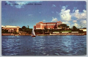 Postcard Bermudiana Hotel Hamilton Bermuda View from Water Sailboats Docks - Picture 1 of 2