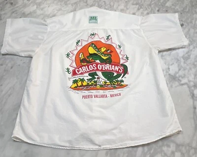 复古 Carlos O’Brian’s 纽扣白色衬衫男式 XL 图形印花 PV 墨西哥 — 第 1/4 张图片