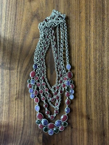 Lucky Brand Necklace Amethyst + Smoky Topaz Quartz + Faux Ruby + Silvertone Bib - Picture 1 of 10