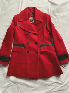 Girls Kids SAKS 5th Avenue Wool Pea Coat leather accents pleat waist Red Size L - Picture 1 of 8