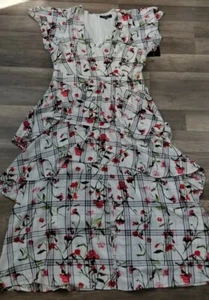 Rachel Roy Ivory Combo Floral Plaid Maxi Dress 14 New - Picture 1 of 9