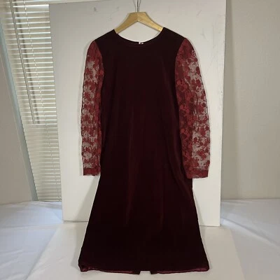 Vintage Romantic Dress Womens Red Velvet Lace Maxi Long Sleeve House Velour 70s - Image 1 of 4